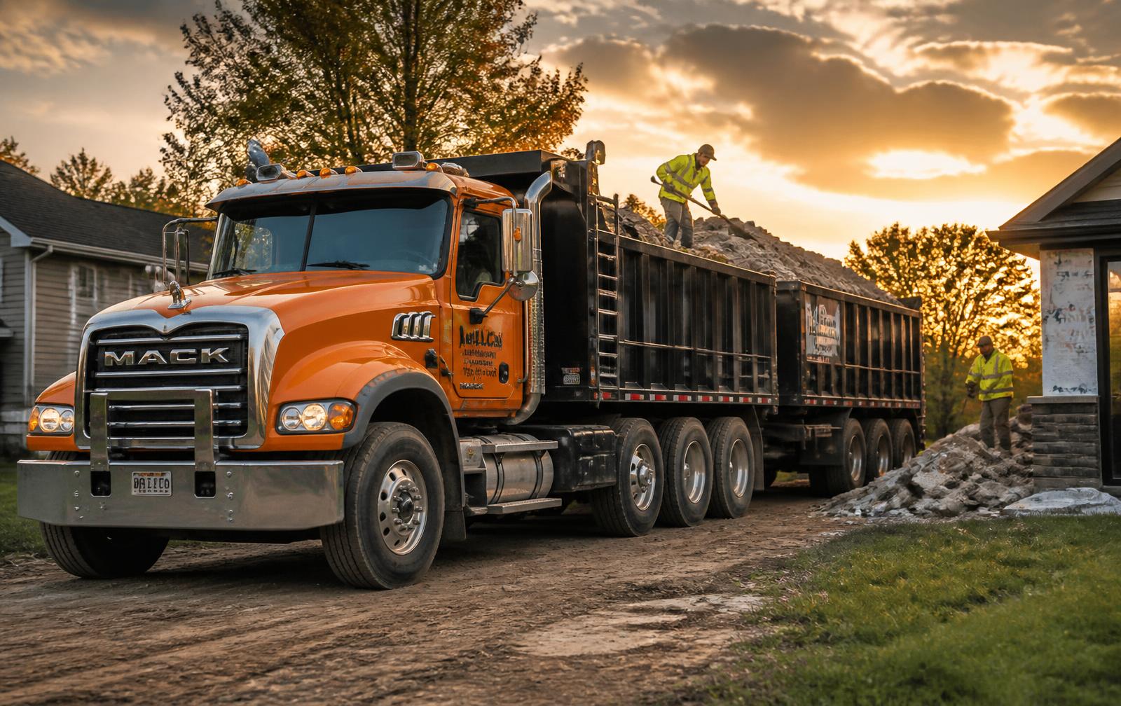 Dump truck with loaded trailer at a residential job site
